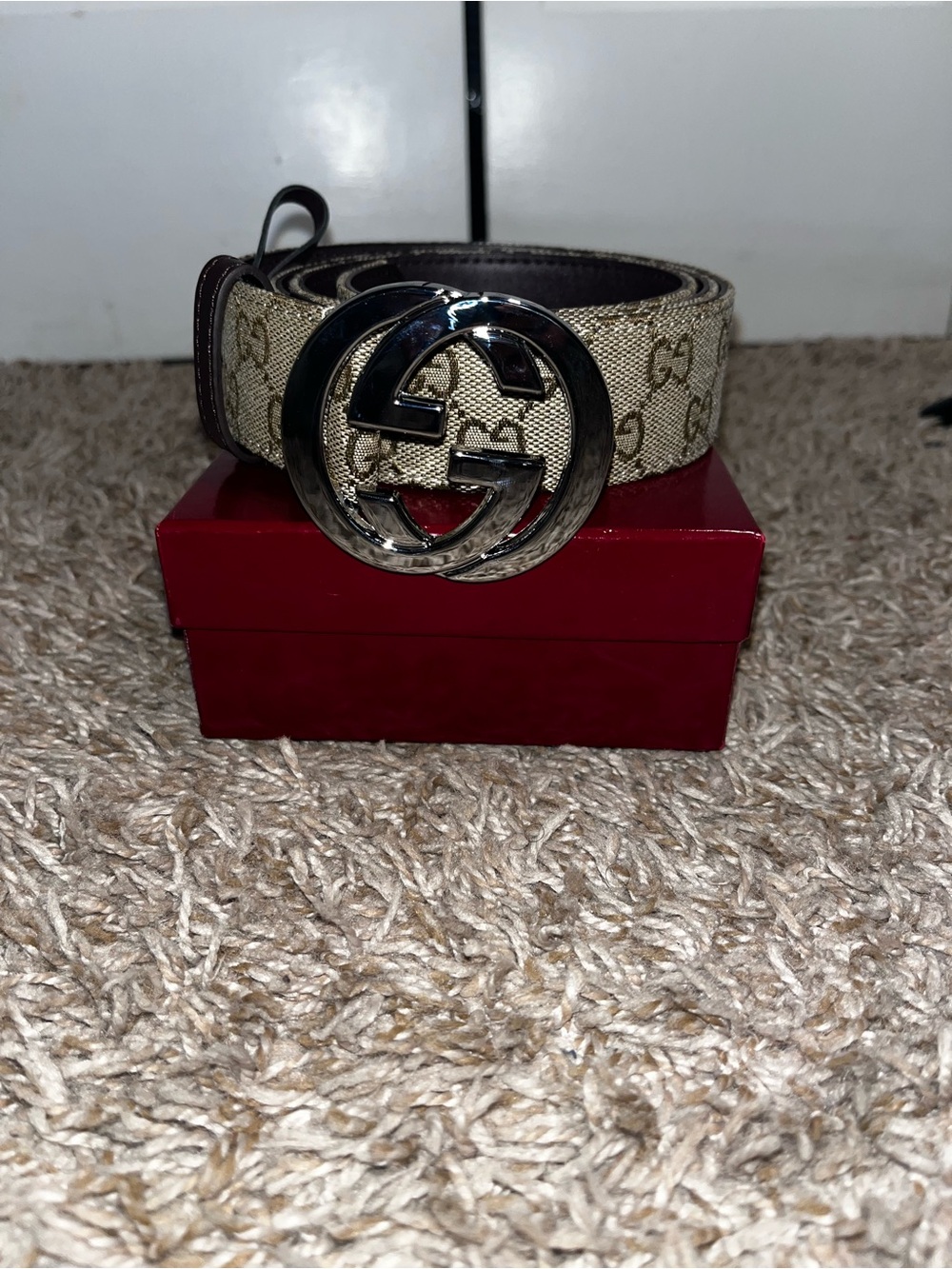 Gucci Tan GG Monogram Canvas Belt with Silver Double G Buckle